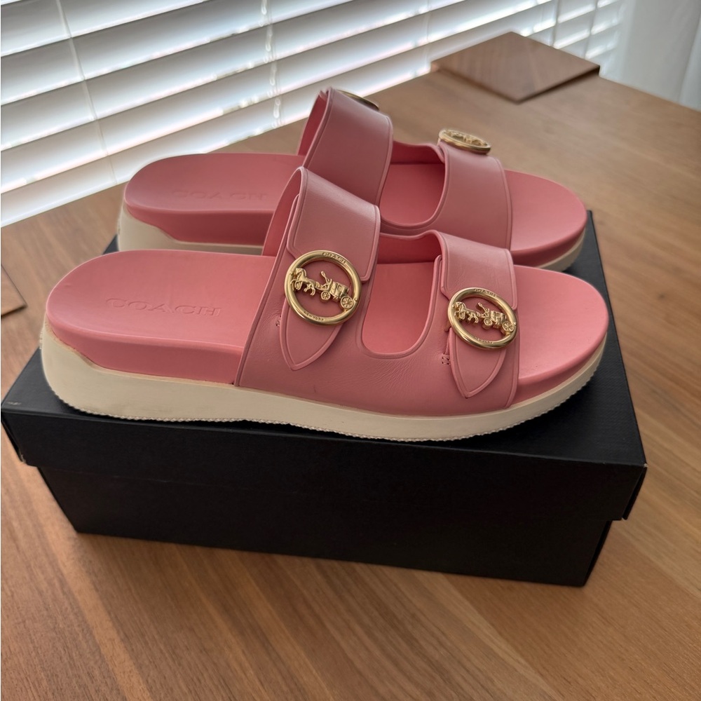 Coach Pink Double-Strap Slide Sandals with Gold Buckle Accents - Picture 3 of 3